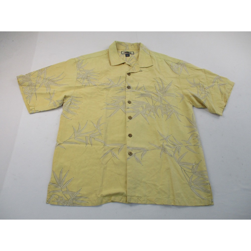 Tommy Bahama Shirt Men Large Yellow Silk Bamboo Print Short Sleeve Camp Casual